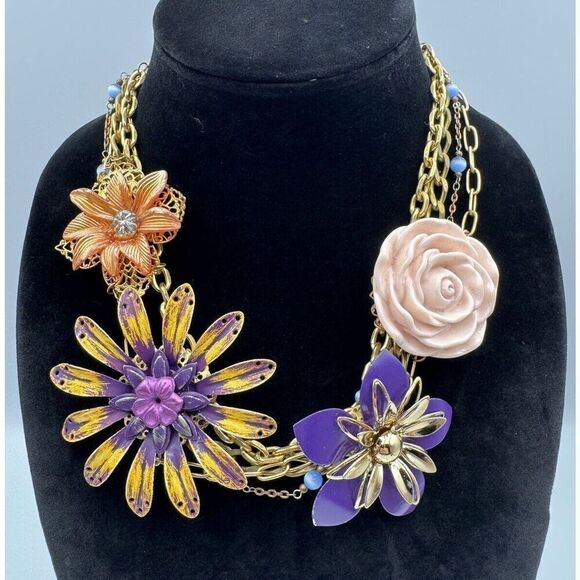 Lenora Dame Floral Multi-Strand Chains Blue Cats Eye Funky Haute Bohemian Piece - Picture 1 of 12